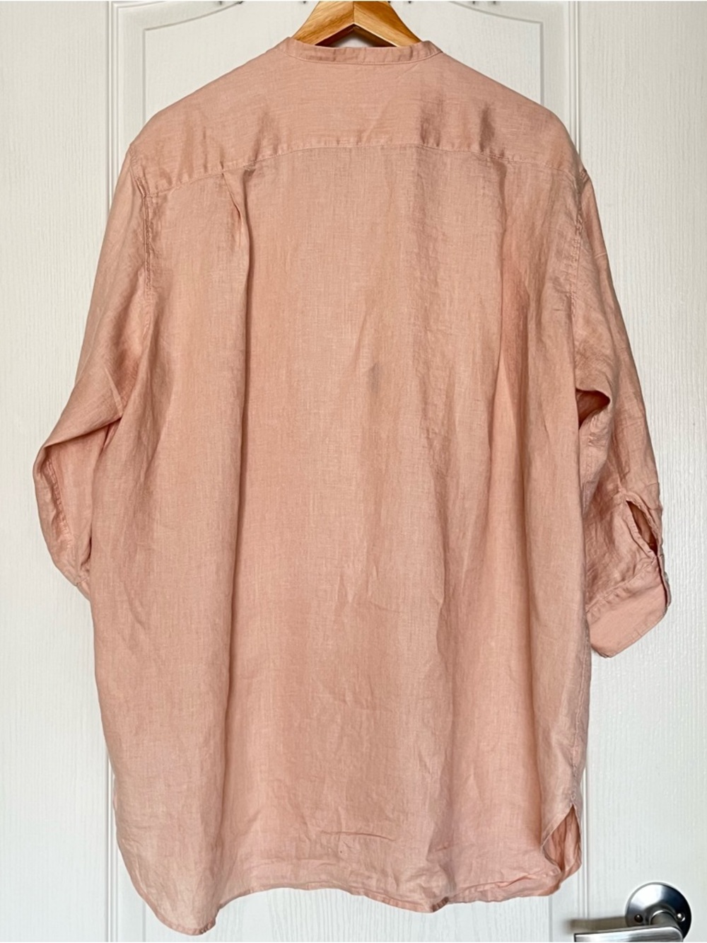 MUJI 100% Hemp Band Collar Tunic Peach Pink 7-Sleeve Shirt XL Coastal Grandma - Picture 2 of 14